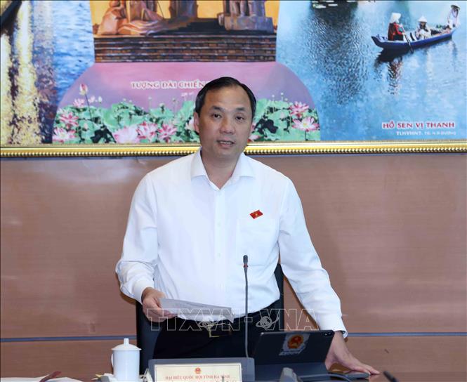 Đại biểu Quốc hội tỉnh Hà Tĩnh Hoàng Trung Dũng thảo luận ở tổ. Ảnh: Phương Hoa - TTXVN