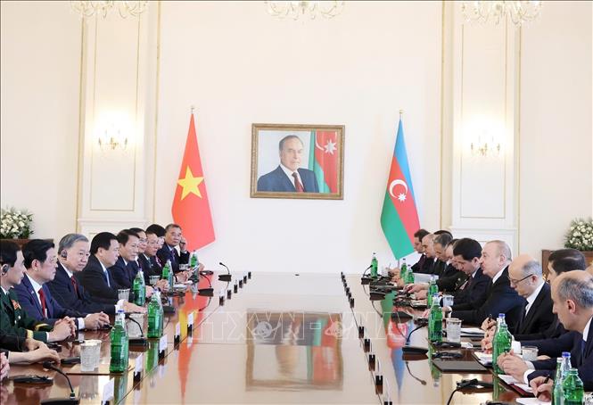 Tổng Bí thư Tô Lâm hội đàm cấp Nhà nước với Tổng thống Azerbaijan Ilham Aliyev. Ảnh: Thống Nhất – TTXVN