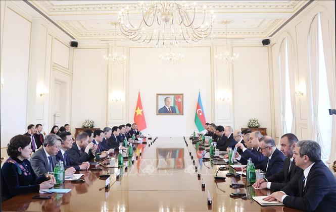 Tổng Bí thư Tô Lâm hội đàm cấp Nhà nước với Tổng thống Azerbaijan Ilham Aliyev. Ảnh: Thống Nhất – TTXVN