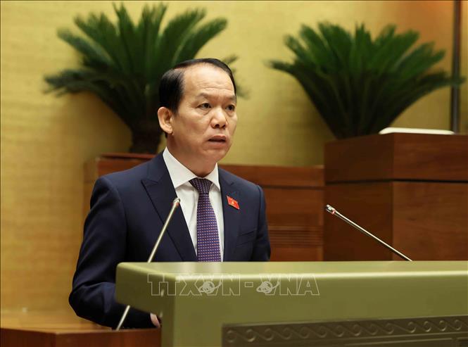 Chủ nhiệm Ủy ban Pháp luật và Tư pháp của Quốc hội Hoàng Thanh Tùng trình bày Báo cáo thẩm tra dự án Luật sửa đổi, bổ sung một số điều của Luật Tổ chức Tòa án nhân dân. Ảnh: An Đăng - TTXVN