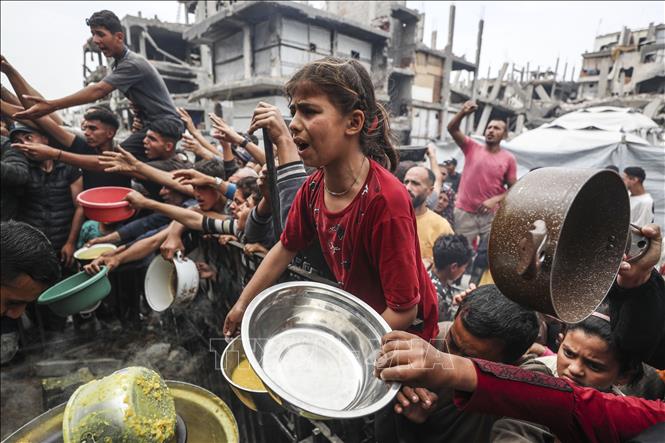 Người dân Palestine chờ được phát thực phẩm cứu trợ tại Gaza. Ảnh: THX/TTXVN