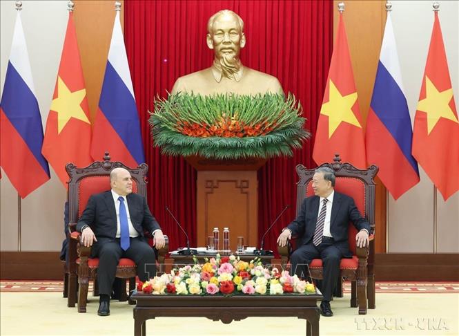 Tổng Bí thư Tô Lâm tiếp Thủ tướng Liên bang Nga Mikhail Vladimirovich Mishustin (Hà Nội, 14/01/2025). Ảnh: Thống Nhất - TTXVN