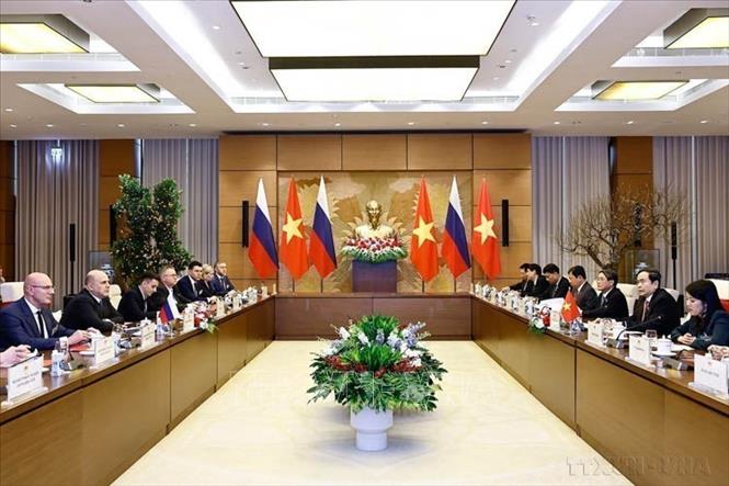 Chủ tịch Quốc hội Trần Thanh Mẫn hội kiến Thủ tướng Liên bang Nga Mikhail Vladimirovich Mishustin thăm chính thức Việt Nam (Hà Nội, 14/1/2025). Ảnh: Doãn Tấn – TTXVN