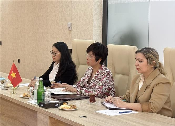 Tổng giám đốc TTXVN Vũ Việt Trang phát biểu tại cuộc hội đàm với Chủ tịch Azertac Vugar Alyev. Ảnh: TTXVN