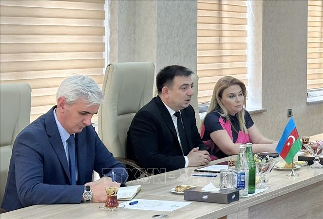 Chủ tịch Azertac Vugar Alyev phát biểu tại cuộc hội đàm với Tổng giám đốc TTXVN Vũ Việt Trang. Ảnh: TTXVN