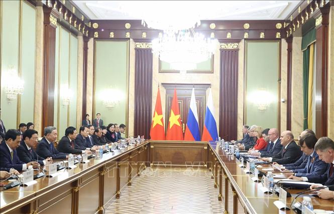 Tổng Bí thư Tô Lâm hội kiến Thủ tướng Liên bang Nga Mikhail Mishustin. Ảnh: Thống Nhất – TTXVN