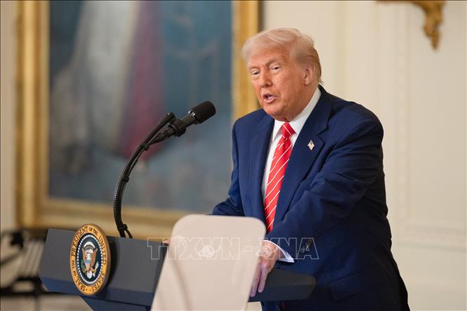 Tổng thống Mỹ Donald Trump phát biểu trong một sự kiện tại Nhà Trắng, ngày 8/5/2025. Ảnh: THX/TTXVN