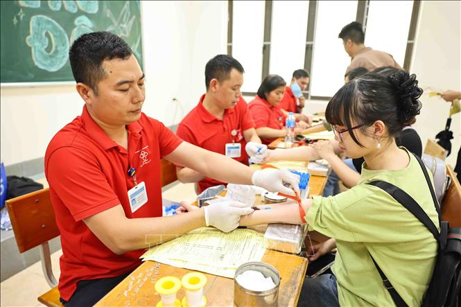 Hoạt động hiến máu với chủ đề “Sức trẻ Thủ đô” thu hút hơn 1500 bạn sinh viên từ các trường đại học, cao đẳng trên địa bàn Hà Nội. Ảnh: Minh Đức – TTXVN