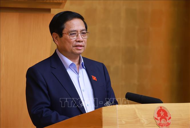 Thủ tướng Phạm Minh Chính chủ trì cuộc họp Chính phủ chuyên đề về việc sắp xếp, tổ chức lại đơn vị hành chính các cấp. Ảnh: Dương Giang-TTXVN
