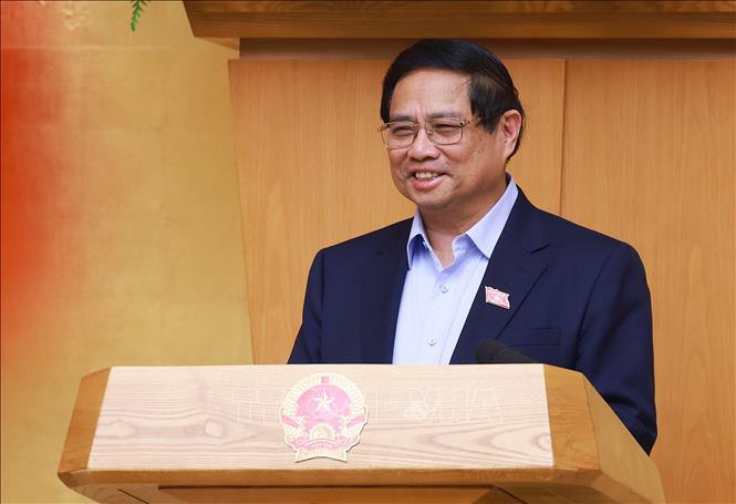 Thủ tướng Phạm Minh Chính chủ trì cuộc họp Chính phủ chuyên đề về việc sắp xếp, tổ chức lại đơn vị hành chính các cấp. Ảnh: Dương Giang-TTXVN
