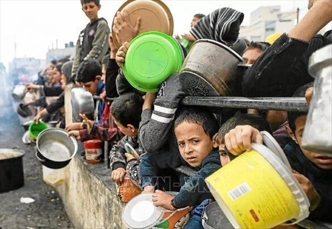 Người dân Palestine nhận thức ăn cứu trợ tại Dải Gaza. Ảnh: IRNA/TTXVN