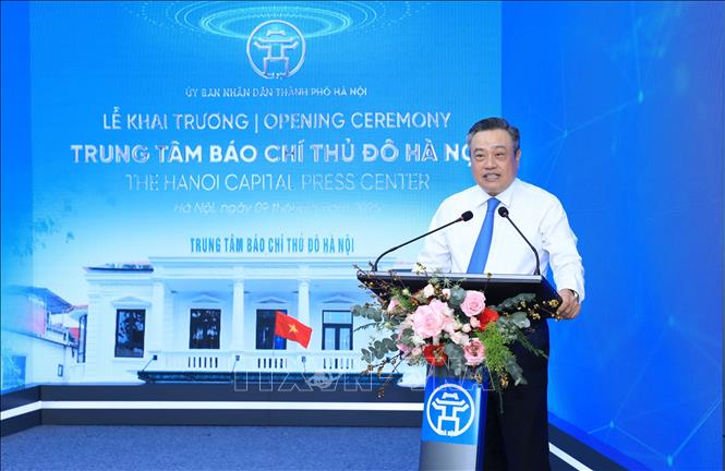 Đồng chí Trần Sỹ Thanh chủ tịch UBND thành phố Hà Nội phát biểu tại buổi Lễ. Ảnh: Quốc Lũy-TTXVN