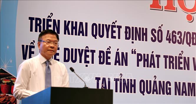 Phó Thủ tướng Chính Phủ Lê Thành Long phát biểu tại hội nghị công bố Quyết định của Thủ tướng Chính phủ về phát triển ngành công nghiệp dược liệu tại Quảng Nam. Ảnh: Trần Tĩnh - TTXVN 