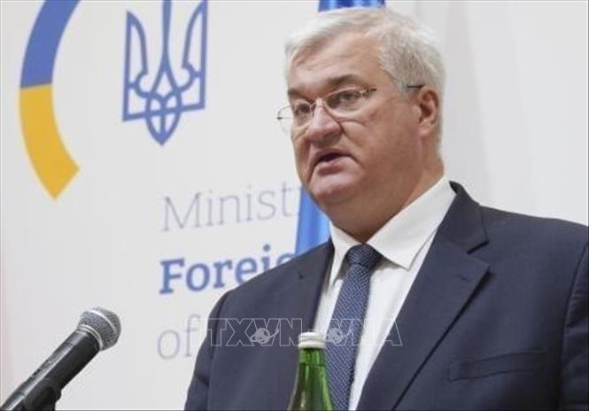 Ngoại trưởng Ukraine Andrii Sybiha phát biểu trong một cuộc họp báo ở Kiev. Ảnh: Kyodo/TTXVN