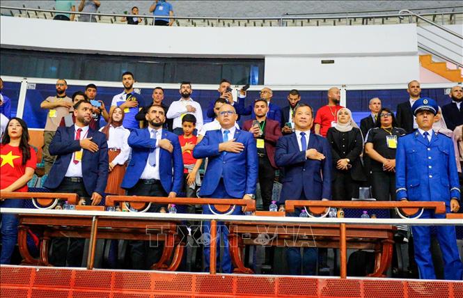 Các đại biểu tham dự Ngày Vovinam quốc gia tại Algeria, diễn ra chiều 9/5/2025 ở khu phức hợp Olympic Mohamed Boudiaf, thủ đô Algiers. Ảnh: TTXVN phát