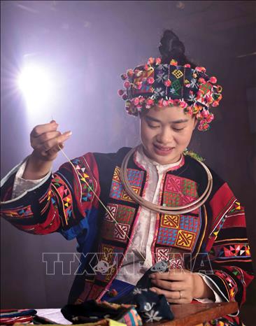 A Lo Lo woman skillfully embroiders floral patterns on traditional attire. VNA Photo: Trần Việt
