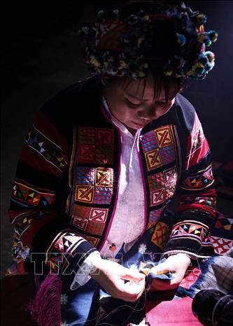 A Lo Lo woman skillfully embroiders floral patterns on traditional attire. VNA Photo: Trần Việt