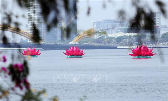 Seven giant lotus flowers have been set up on the Han River in the central city of Da Nang to celebrate the Buddha’s 2569th birthday. VNA Photo: Trần Lê Lâm