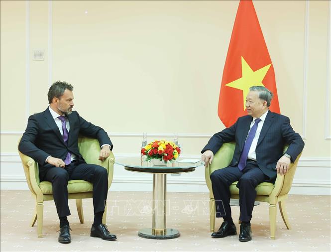 Party General Secretary To Lam at a reception for co-founder of Positive Technologies Yury Maksimov. VNA Photo: Thống Nhất