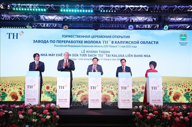Các đại biểu thực hiện nghi thức khánh thành Nhà máy chế biến sữa tươi sạch TH của Tập đoàn TH tại tỉnh Kaluga, Liên bang Nga. Ảnh: Thống Nhất – TTXVN