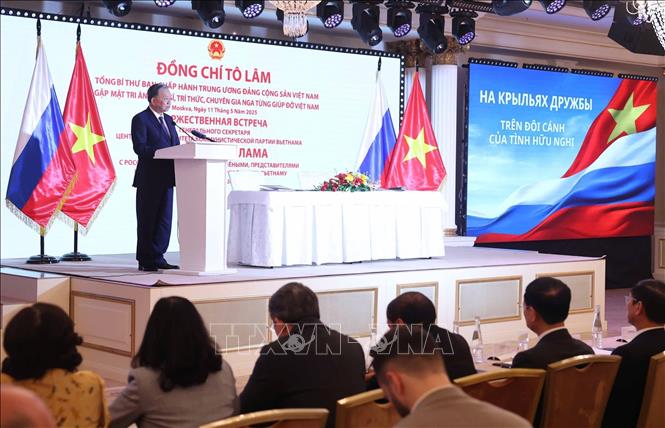 Tổng Bí thư Tô Lâm phát biểu tại buổi gặp mặt tri ân các nhân sĩ, trí thức, chuyên gia Nga từng giúp đỡ Việt Nam. Ảnh: Thống Nhất – TTXVN