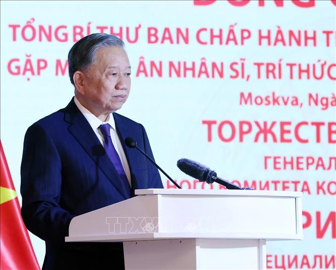 Tổng Bí thư Tô Lâm phát biểu tại buổi gặp mặt tri ân các nhân sĩ, trí thức, chuyên gia Nga từng giúp đỡ Việt Nam. Ảnh: Thống Nhất – TTXVN