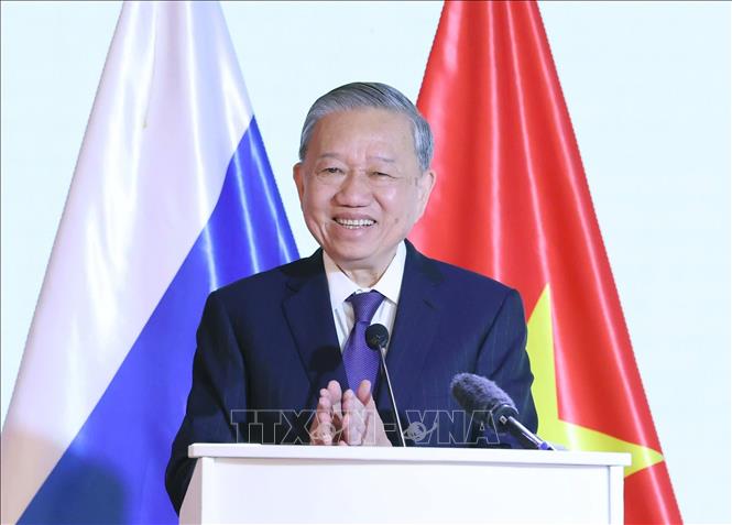 Tổng Bí thư Tô Lâm phát biểu tại buổi gặp mặt tri ân nhân sĩ, trí thức, chuyên gia Nga từng giúp đỡ Việt Nam. Ảnh: Thống Nhất – TTXVN