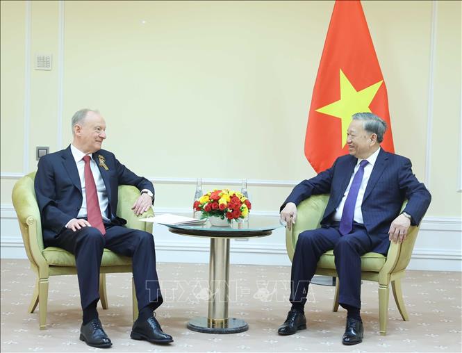 Party General Secretary To Lam at a meeting with former Secretary of the Security Council of Russia Nikolai Patrushev. VNA Photo: Thống Nhất