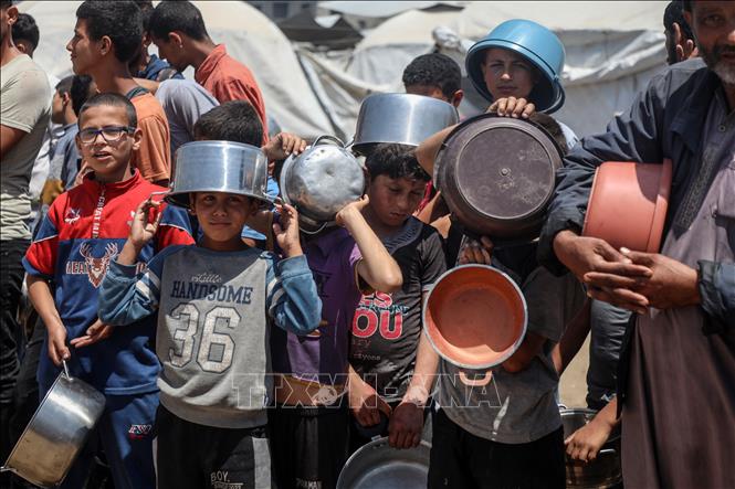 Người dân Palestine chờ được phát thực phẩm cứu trợ tại Gaza. Ảnh: THX/TTXVN