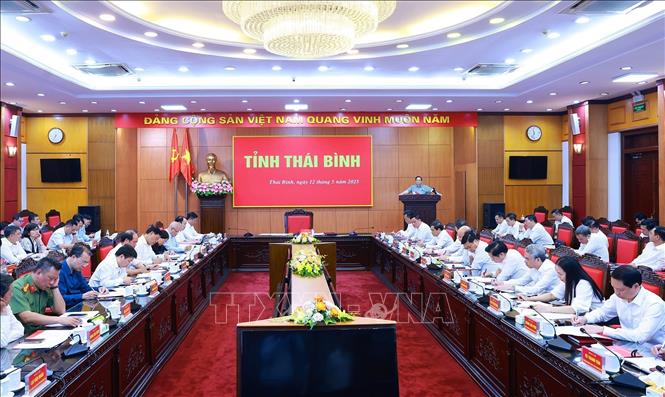 Thủ tướng Phạm Minh Chính chủ trì làm việc với Ban Thường vụ tỉnh uỷ Thái Bình về tình hình phát triển kinh tế-xã hội. Ảnh: Dương Giang-TTXVN