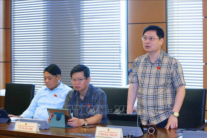Đại biểu Quốc hội tỉnh Phú Thọ Cầm Hà Chung thảo luận ở tổ. Ảnh: Phương Hoa - TTXVN