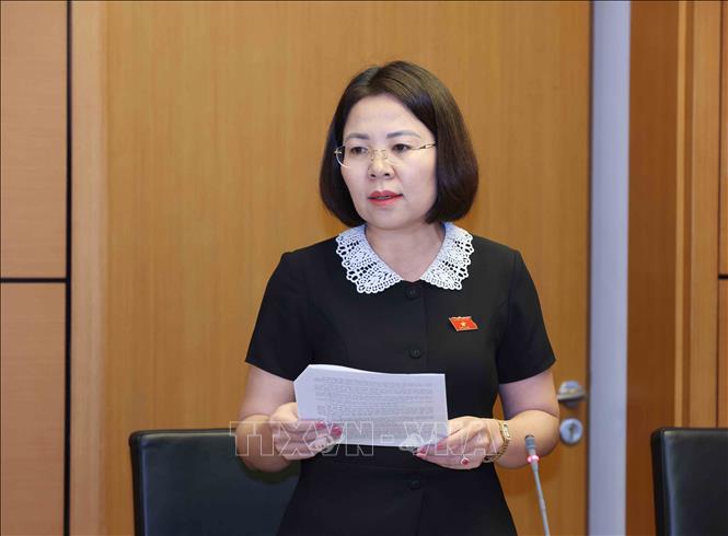 Đại biểu Quốc hội tỉnh Sơn La Hoàng Thị Đôi thảo luận ở tổ. Ảnh: Phương Hoa - TTXVN