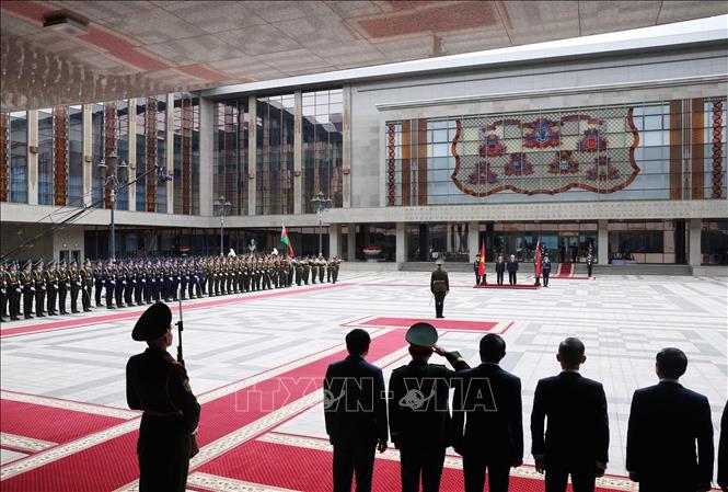 Lễ đón Tổng Bí thư Tô Lâm thăm cấp Nhà nước tới Cộng hòa Belarus được tổ chức trọng thể tại Cung Độc Lập ở thủ đô Minsk. Ảnh: Thống Nhất – TTXVN