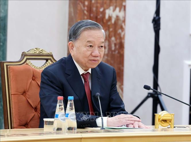 Tổng Bí thư Tô Lâm phát biểu tại cuộc hội đàm chính thức với Tổng thống Belarus Aleksandr Lukashenko. Ảnh: Thống Nhất – TTXVN