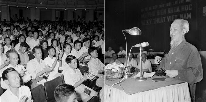 Ngày 18/5/1963, Hồ Chủ tịch đến dự và phát biểu tại Đại hội đại biểu toàn quốc Hội phổ biến Khoa học kỹ thuật Việt Nam lần thứ 1, họp tại Hà Nội từ 15 đến 19/5/1963. Ảnh: TTXVN