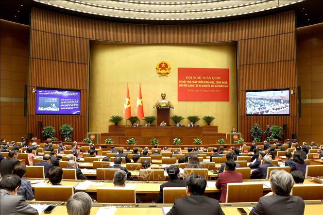 Hội nghị toàn quốc về đột phá phát triển khoa học, công nghệ, đổi mới sáng tạo và chuyển đổi số quốc gia tại Nhà Quốc hội ngày 13/1/2025. Ảnh: Phương Hoa - TTXVN