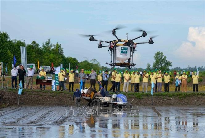 Trình diễn máy bay không người lái phun thuốc, bón phân tại sự kiện Agritechnica Asia Live 2022 (Xúc tiến và trình diễn khoa học và công nghệ để chuyển đổi nền kinh tế nông nghiệp bền vững). Ảnh: Thanh Liêm - TTXVN