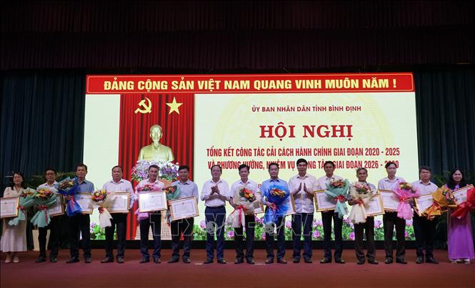 Ông Phạm Anh Tuấn, Chủ tịch UBND tỉnh Bình Định trao bằng khen cho các tập thể, cá nhân có thành tích xuất sắc. Ảnh: Đình Quân-TTXVN