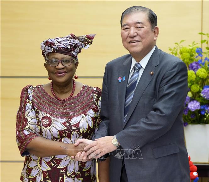 Thủ tướng Nhật Bản Shigeru Ishiba (phải) và Tổng Giám đốc WTO Ngozi Okonjo-Iweala tại cuộc gặp ở Tokyo, Nhật Bản, ngày 13/5/2025. Ảnh: TTXVN phát