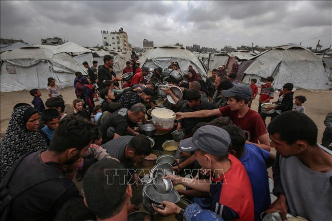 Người dân Palestine chờ được phát thực phẩm cứu trợ tại Gaza ngày 12/5/2025. Ảnh: THX/TTXVN