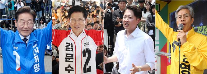 Các ứng viên tranh cử Tổng thống Hàn Quốc (từ trái sang): Lee Jae-myung của đảng Dân chủ Tự do, Kim Moon-soo thuộc đảng Quyền lực Nhân dân, Lee Jun-seok của đảng Cách tân mới và Kwon Young-kook của đảng Công lý. Ảnh: YONHAP/TTXVN