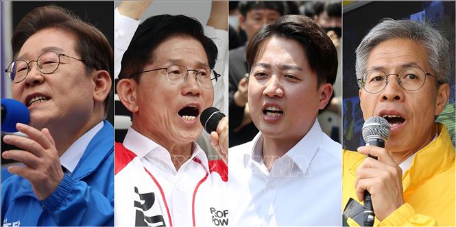 Các ứng viên tranh cử Tổng thống Hàn Quốc (từ trái sang): Lee Jae-myung của đảng Dân chủ Tự do, Kim Moon-soo thuộc đảng Quyền lực Nhân dân, Lee Jun-seok của đảng Cách tân mới và Kwon Young-kook của đảng Công lý. Ảnh: YONHAP/TTXVN