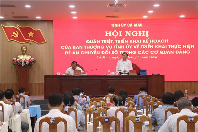 Phó Bí thư Thường trực Tỉnh ủy Cà Mau Nguyễn Đức Hiển quán triệt các nội dung chính Kế hoạch của Ban Thường vụ Tỉnh ủy về triển khai thực hiện Đề án chuyển đổi số trong các cơ quan Đảng. Ảnh: Kim Há - TTXVN
