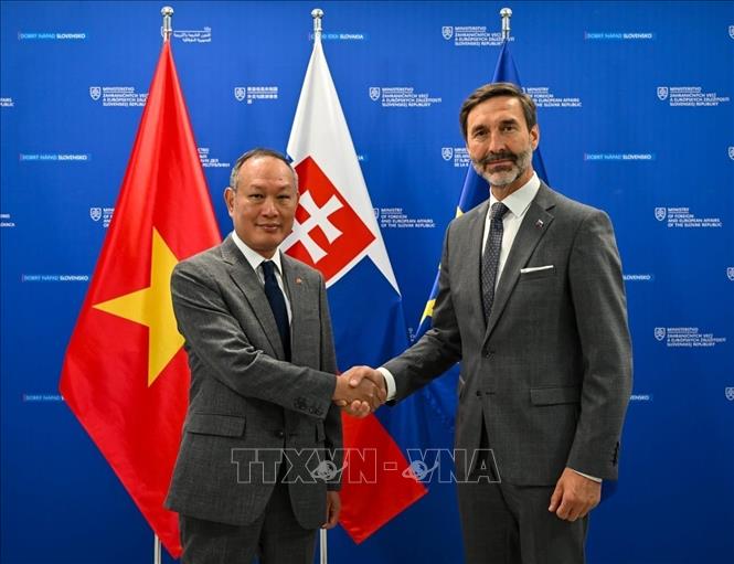 Đại sứ Việt Nam tại Slovakia Phạm Trường Giang và Bộ trưởng Ngoại giao Slovakia Juraj Blanár. Ảnh: TTXVN phát