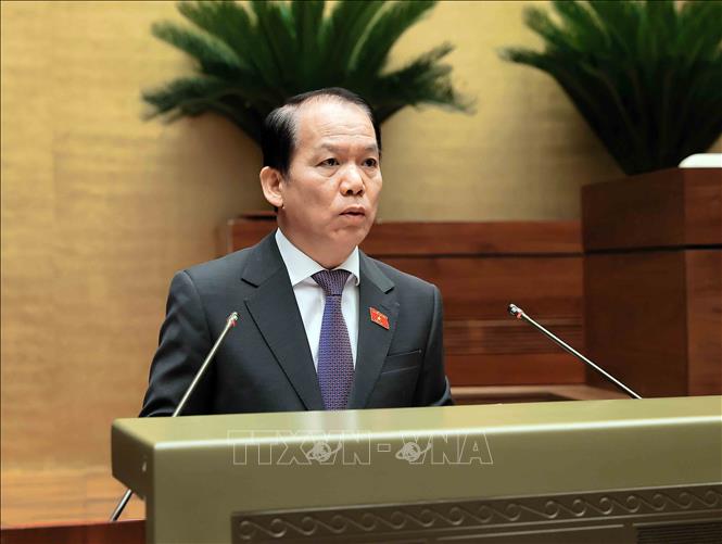 Chủ nhiệm Ủy ban Pháp luật và Tư pháp của Quốc hội Hoàng Thanh Tùng trình bày Báo cáo thẩm tra dự án Luật sửa đổi, bổ sung một số điều của Luật Xử lý vi phạm hành chính. Ảnh: An Đăng - TTXVN