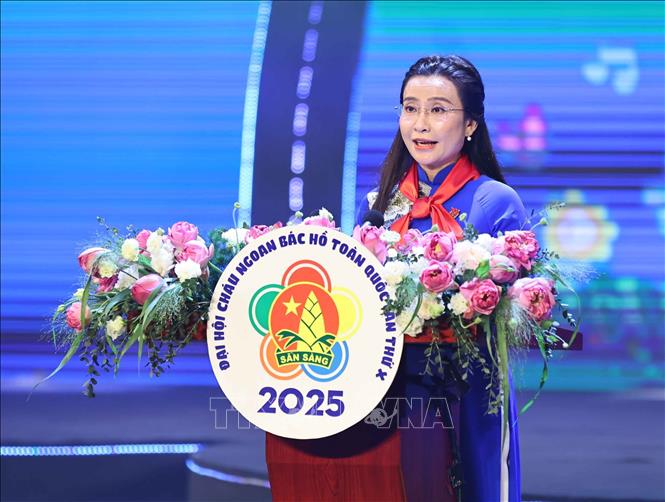 Đồng chí Nguyễn Phạm Duy Trang, Bí thư Trung ương Đoàn, Chủ tịch Hội đồng Đội Trung ương phát biểu. Ảnh: Minh Đức – TTXVN