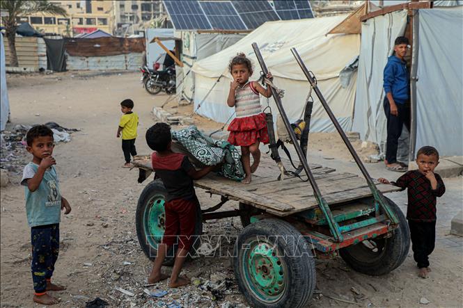 Các em nhỏ tại tại tị nạn ở Gaza ngày 13/5/2025. Ảnh: THX/TTXVN