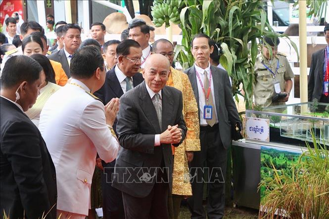 Quốc vương Campuchia Norodom Sihamoni tham quan các gian hàng trưng bày sản phẩm nông nghiệp, thủ công mỹ nghệ và thành tựu sản xuất nông nghiệp của địa phương. Ảnh: Quang Anh - PV TTXVN tại Campuchia