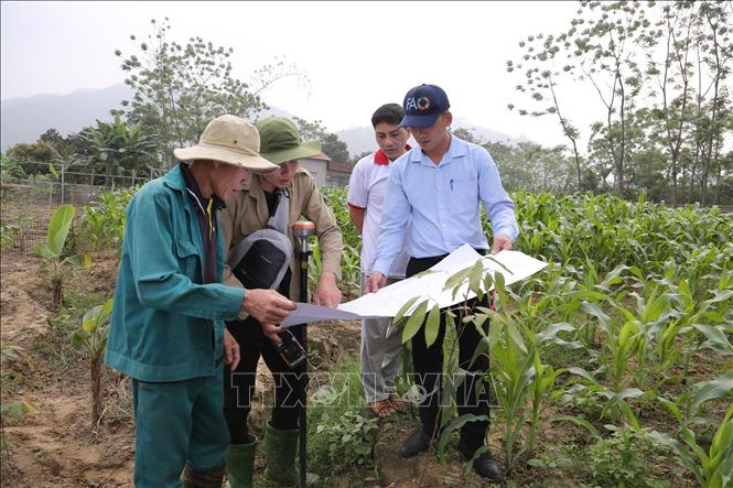 Các đơn vị trực thuộc Sở Nông nghiệp và Môi trường tỉnh Yên Bái khảo sát, đo đạc tuyến đường sắt Lào Cai - Hà Nội - Hải Phòng. Ảnh: TTXVN phát