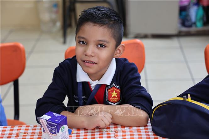 A fourth grade students wearing his uniform with Vietnam's red flag. VNA Photo: Phi Hùng